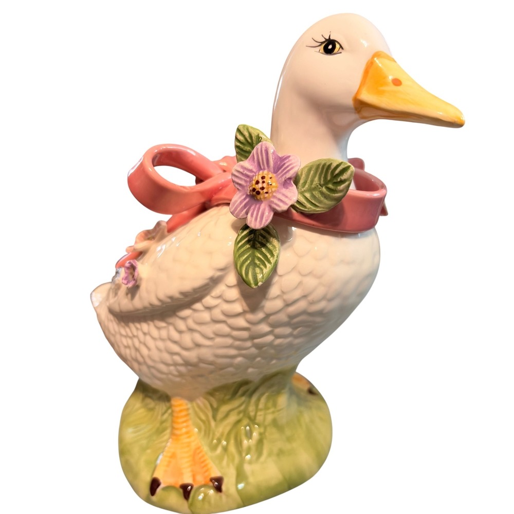 Vintage AGI Ceramic Duck Figurine Pink Bow 3D Flowers White Country Cottagecore